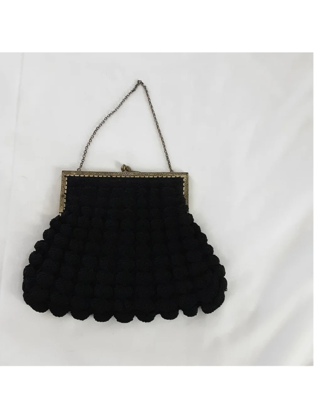 Vintage Black Crochet Evening Bag Metal Frame Chain Handle Kiss Lock Purse